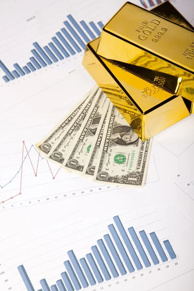 Finanční ukazatele, graf, zlatý pruh, peníze — Stock fotografie