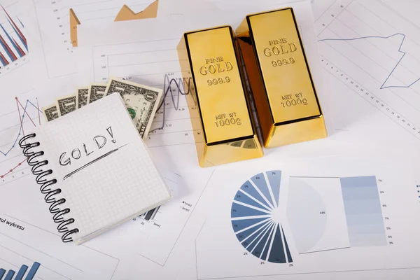 Indicadores financeiros, Gráfico, Barra de ouro, dinheiro — Fotografia de Stock
