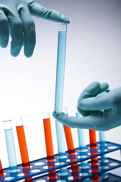 Tudós laboratóriumban, folyékony színt tartalmazó üveg — Stock Fotó