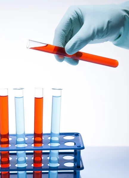 Ученый, работающий в лаборатории, стекло, содержащее жидкий цвет — стоковое фото
