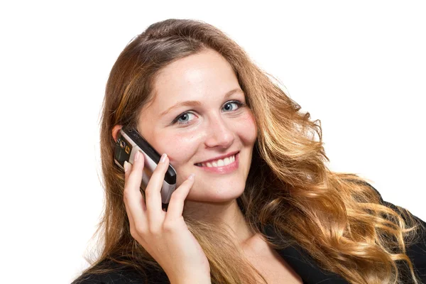Affärskvinna på hennes mobiltelefon - isolerade över en vit backg — Stockfoto