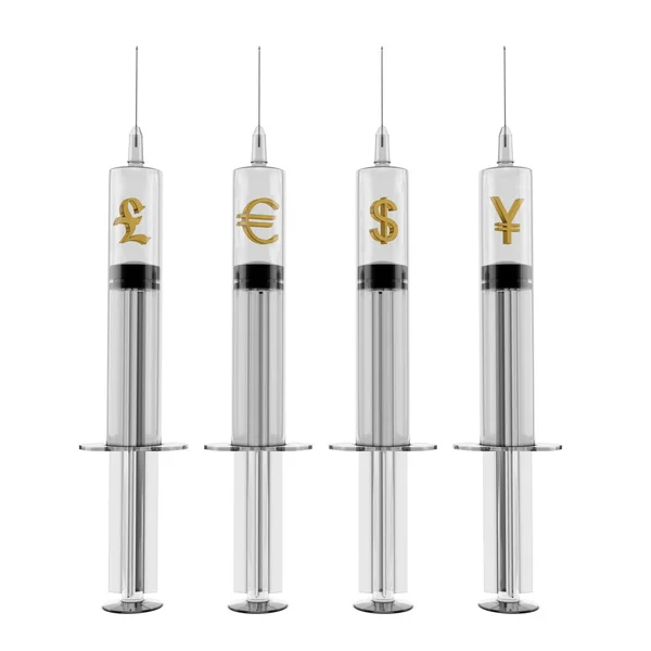 Group of syringes and currency symbols Royalty Free Stock Photos