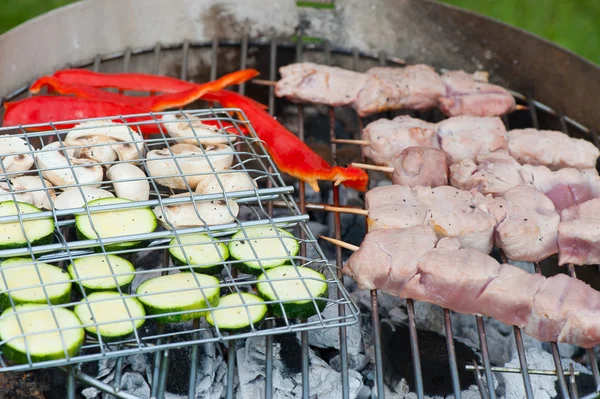 Food on the grill for a barbeque — 스톡 사진