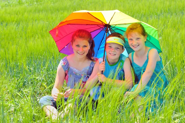 Kinderen met paraplu op veld — Stok fotoğraf