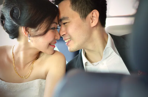 Una novia y un novio que se besan el día de su boda — Foto de Stock