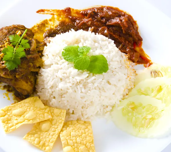 Nasi lemak traditionele Maleisische kruidige rijstschotel — Stockfoto