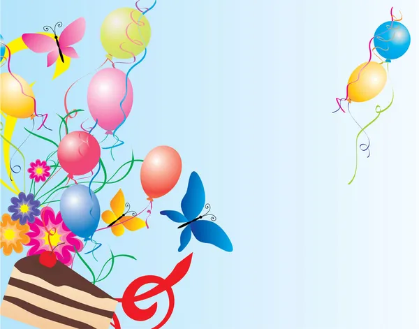 Luftballons, Kuchen, Blumen und Schmetterlinge — Stockvektor