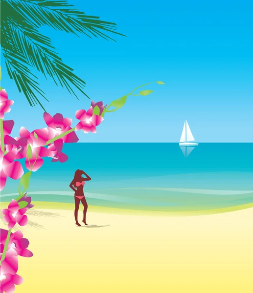 Dziewczyny w bikini na plaży latem — Wektor stockowy