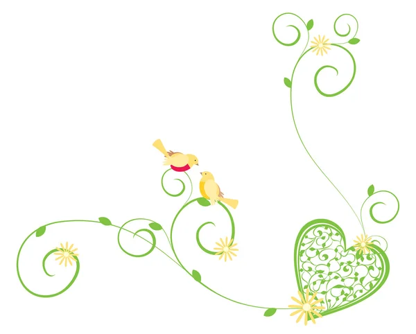 Coeur vectoriel avec fleurs et oiseaux décorés — Image vectorielle