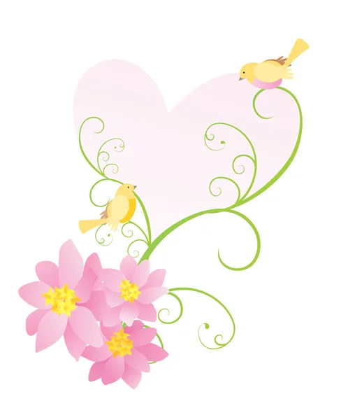 Πουλιά με ροζ λουλούδια — Διανυσματικό Αρχείο