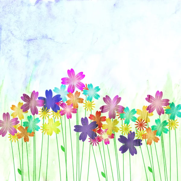 Akvarell abstrakt blommor färgglada och grönt gräs och blå sk — Stockfoto