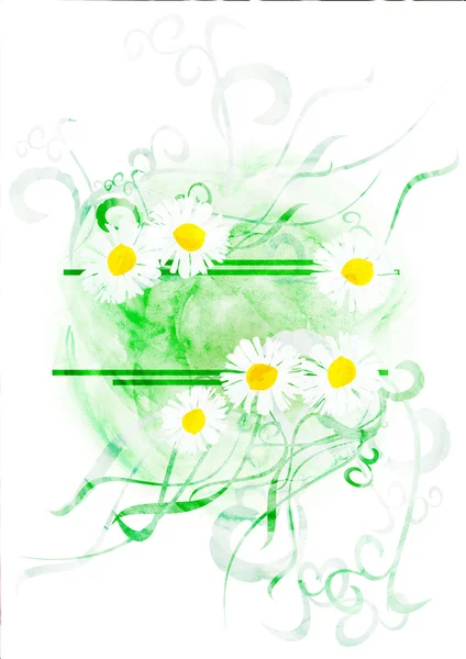 Rolig kock leendeAkvarel banner s chamomiles nebo sedmikrásky izolovaných na bílém — Stock fotografie