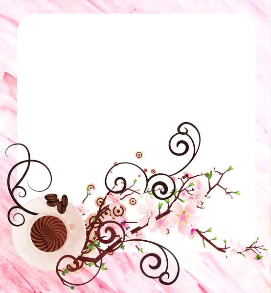 Šálek kávy a akvarel růžové květy růžové ilustrace — Stock fotografie