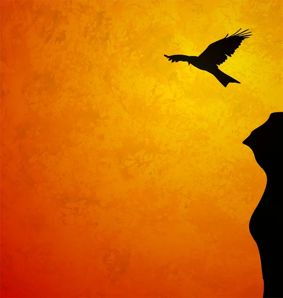 Oiseau volant noir lever de soleil sillhouette grunge orange illustration — Photo