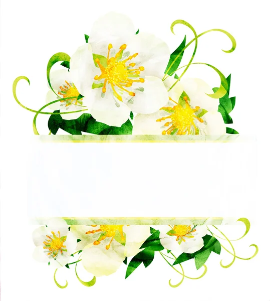 Vesiväri valkoinen luonnonvaraisia ruusuja kukkia raja isoleted valkoisella — kuvapankkivalokuva