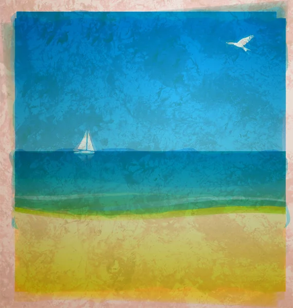 Watercolor beach with sea and white yacht on the horizon with bi — Stock Photo, Image