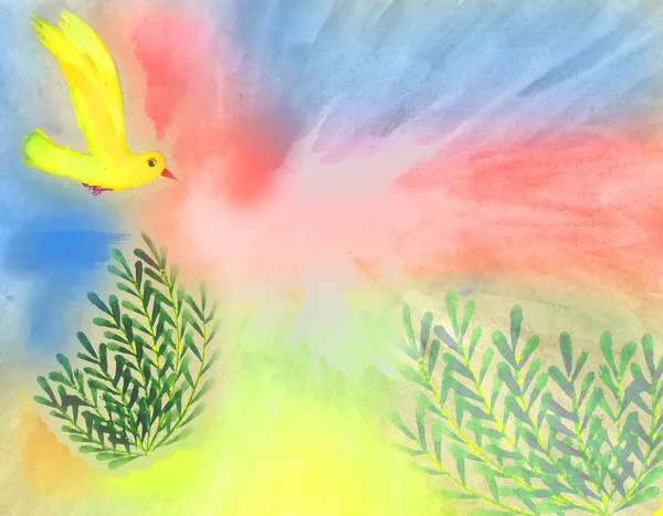 Fundo aquarela com pássaro desenhado à mão e plantas — Fotografia de Stock