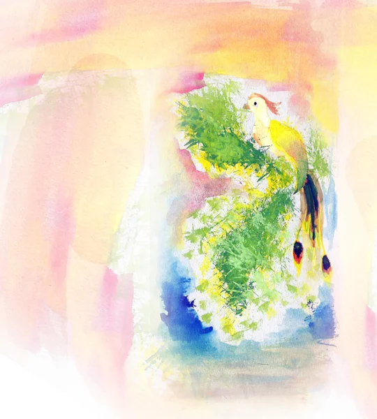 Акварельний фон з намальованим рукою птахом і рослинами — стокове фото