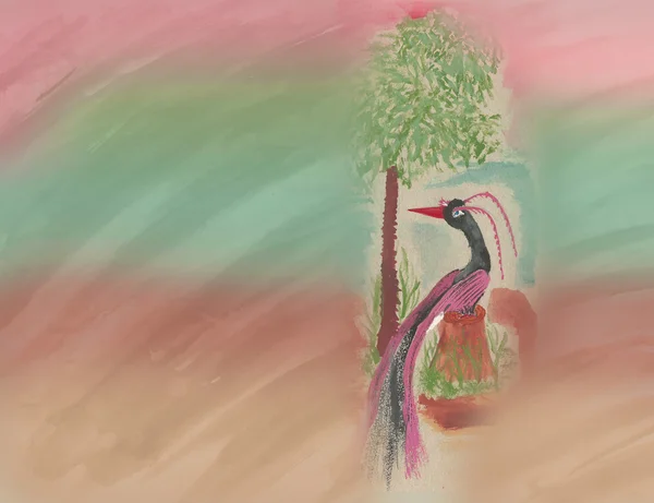 Suluboya arka plan ile el çekilmiş kuş ve bitkiler — Stok fotoğraf