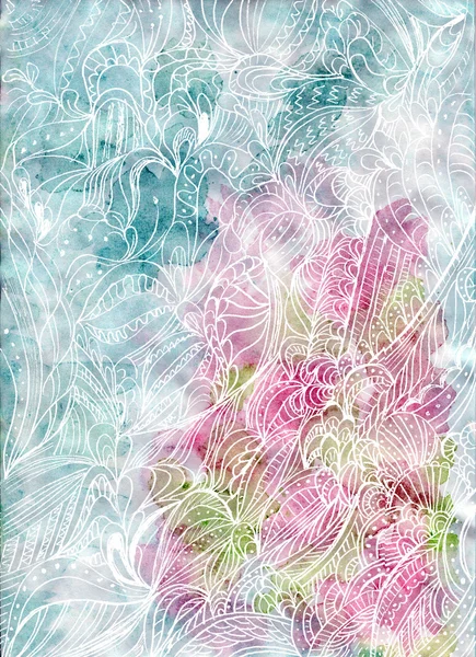 Abstract watercolor with batik-like curves white hand draw