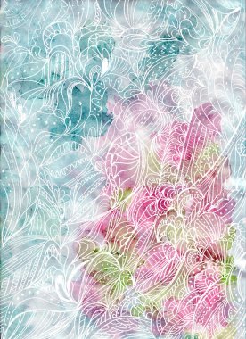 Abstract watercolor with batik-like curves white hand draw clipart