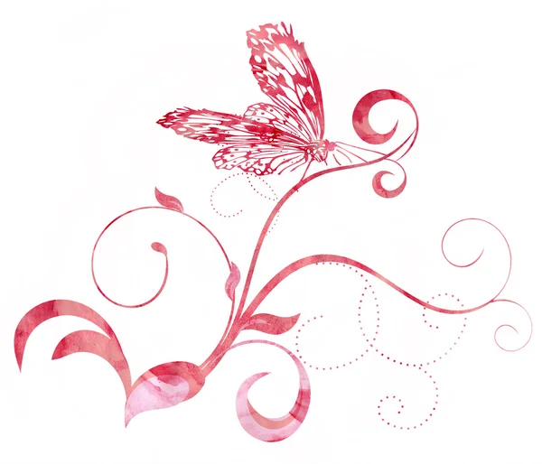 Red pink butterfly curves watercolor illustration — Stock Photo, Image