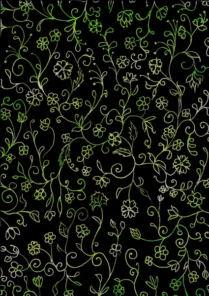 Grunge fleurs vertes fond noir — Photo