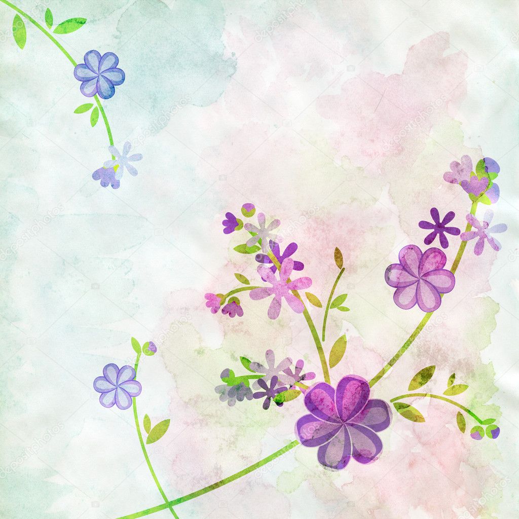 Abstract watercolor blue flowers on green background illustratio