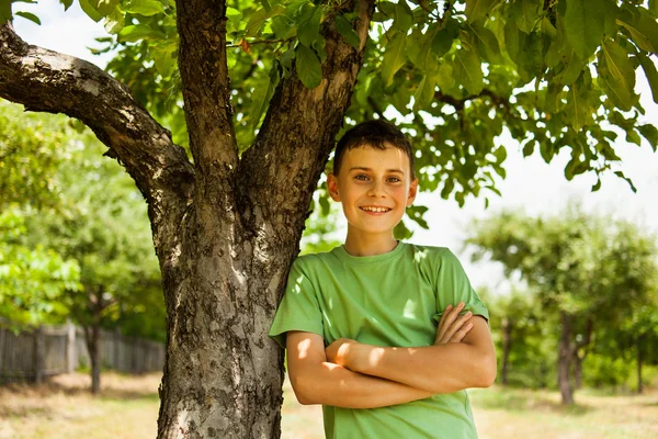 Happy kid in an orchard of apple trees — Stock Photo, Image