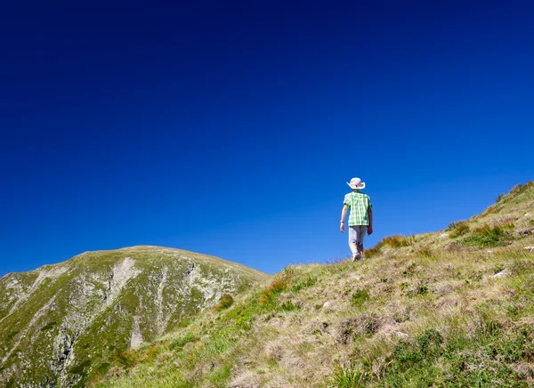 Мальчик, идущий в горы — стоковое фото