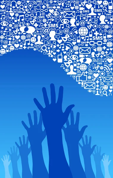 Sociální mediální sítě, ikony a rukou — Stock vektor