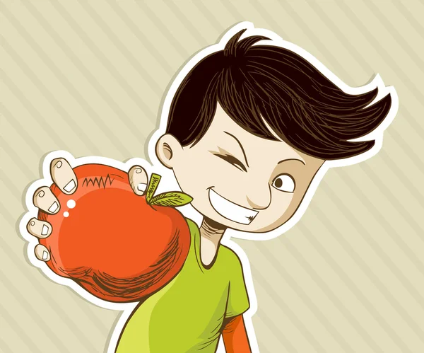 Menino dos desenhos animados com maçã vermelha — Vetor de Stock