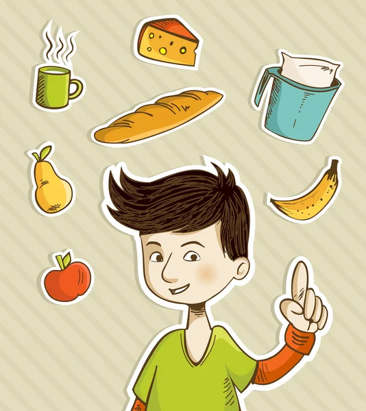 Dessin animé adolescent montre des aliments sains — Image vectorielle