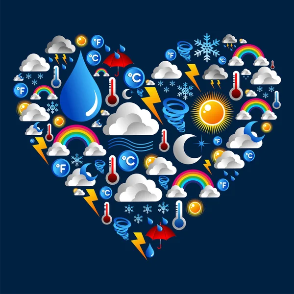 Weather icons set in heart shape — Stock Vector