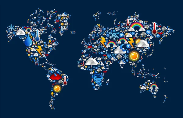 Icônes météo sur la carte forme du monde — Image vectorielle