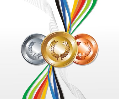 Gold, silver and bronze medal with ribbons background clipart