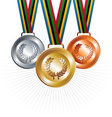 Gold, silver and bronze medals with ribbons background clipart
