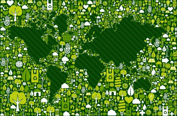 Earth globe-kaart met groene pictogrammen achtergrond — Stockvector