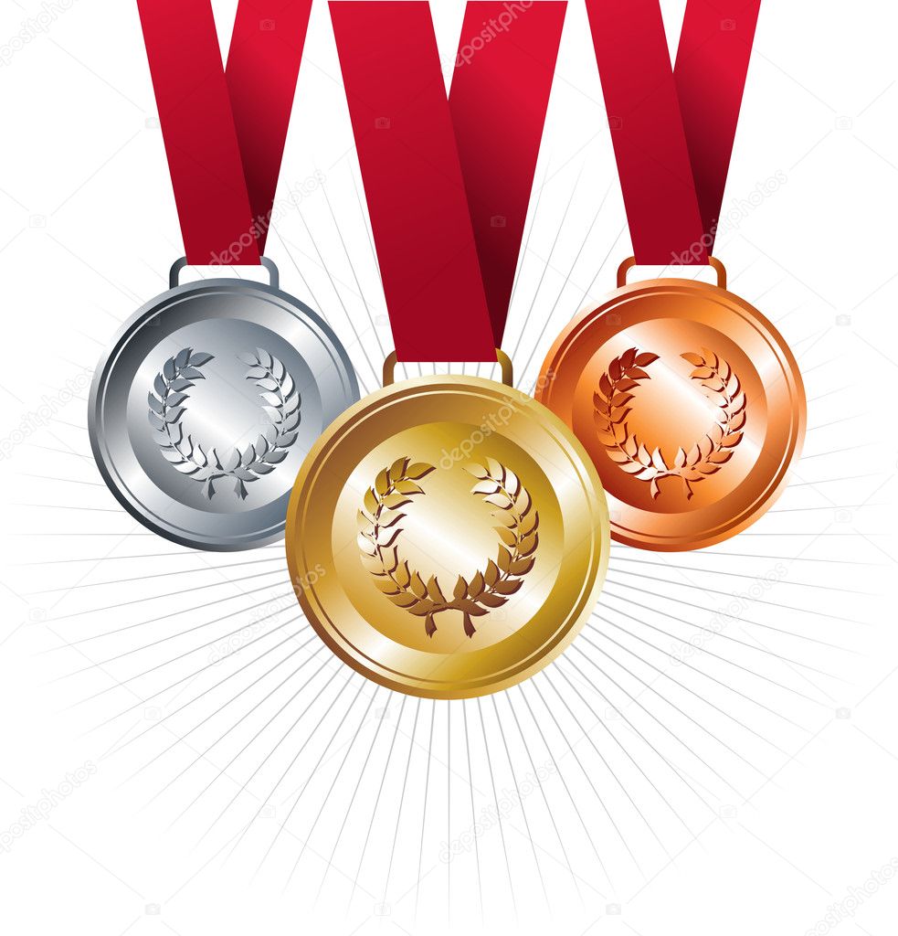 Gold, silver and bronze medals with ribbon