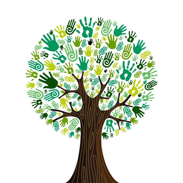 Aller mains vertes arbre collaboratif — Image vectorielle