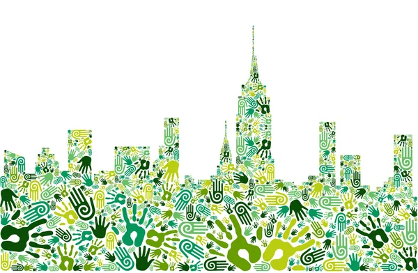 Go green hands city skyline background — Stock Vector