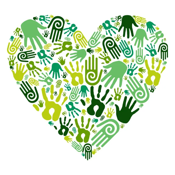Ir manos verdes amor corazón — Vector de stock