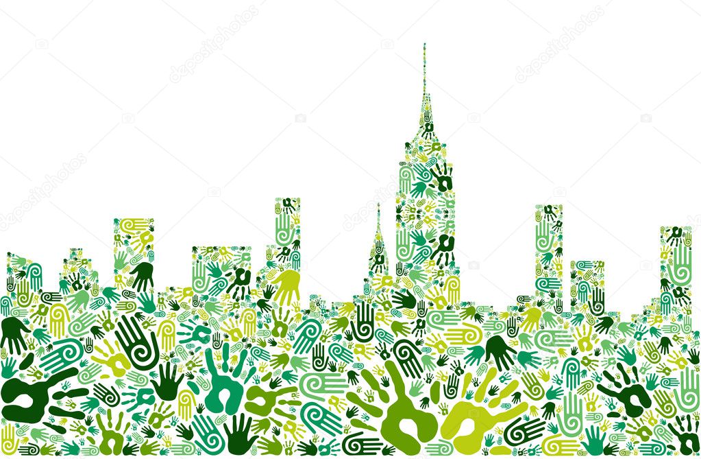 Go green hands city skyline background
