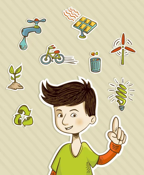 Ga groen tiener toont eco vriendelijke pictogrammen — Stockvector