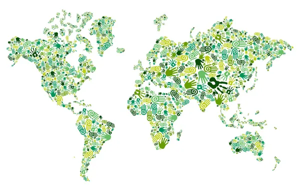 Gå grönt händer världskarta — Stock vektor