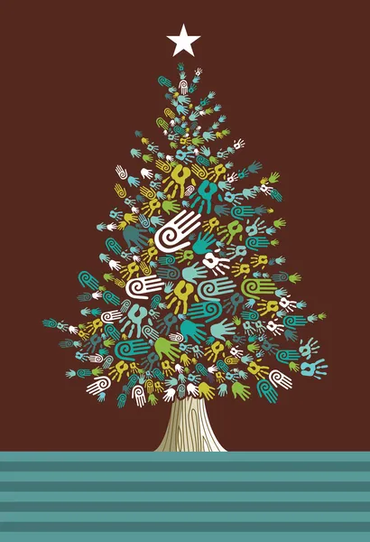 Diversidade Árvore de Natal mãos cartão — Vetor de Stock