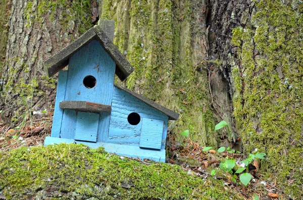 Niebieski drewniane birdhouse — Zdjęcie stockowe