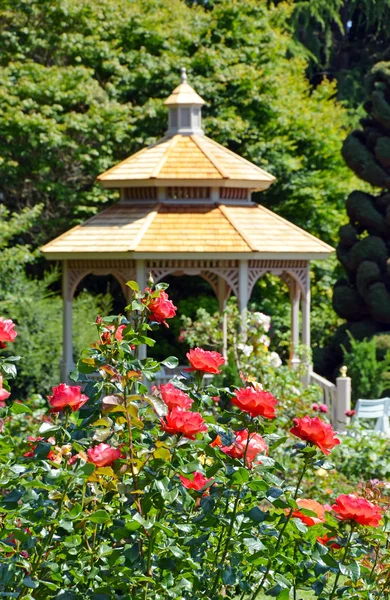 Röda rosor och lusthus — Stockfoto