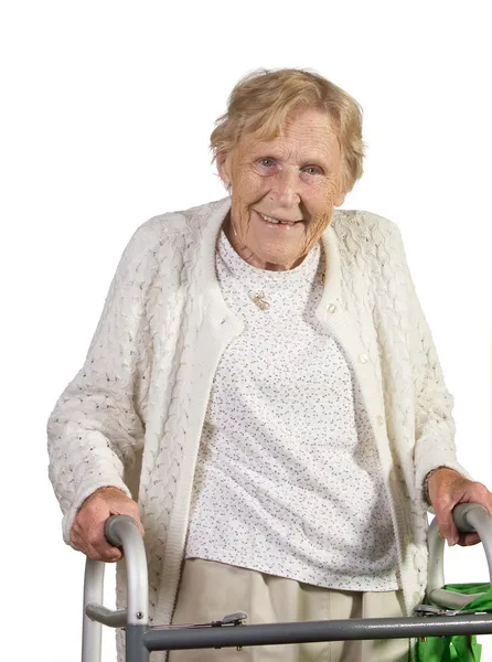 Gelukkig oude dame met walker — Stockfoto