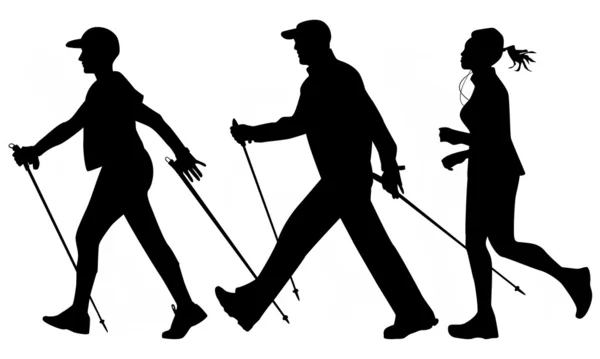 Mulher e homem estão praticando caminhada nórdica. Jogging — Vetor de Stock